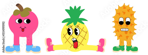 fruits groovy characters set in doodle style. elements for mascot decor postcard design print sticker poster background