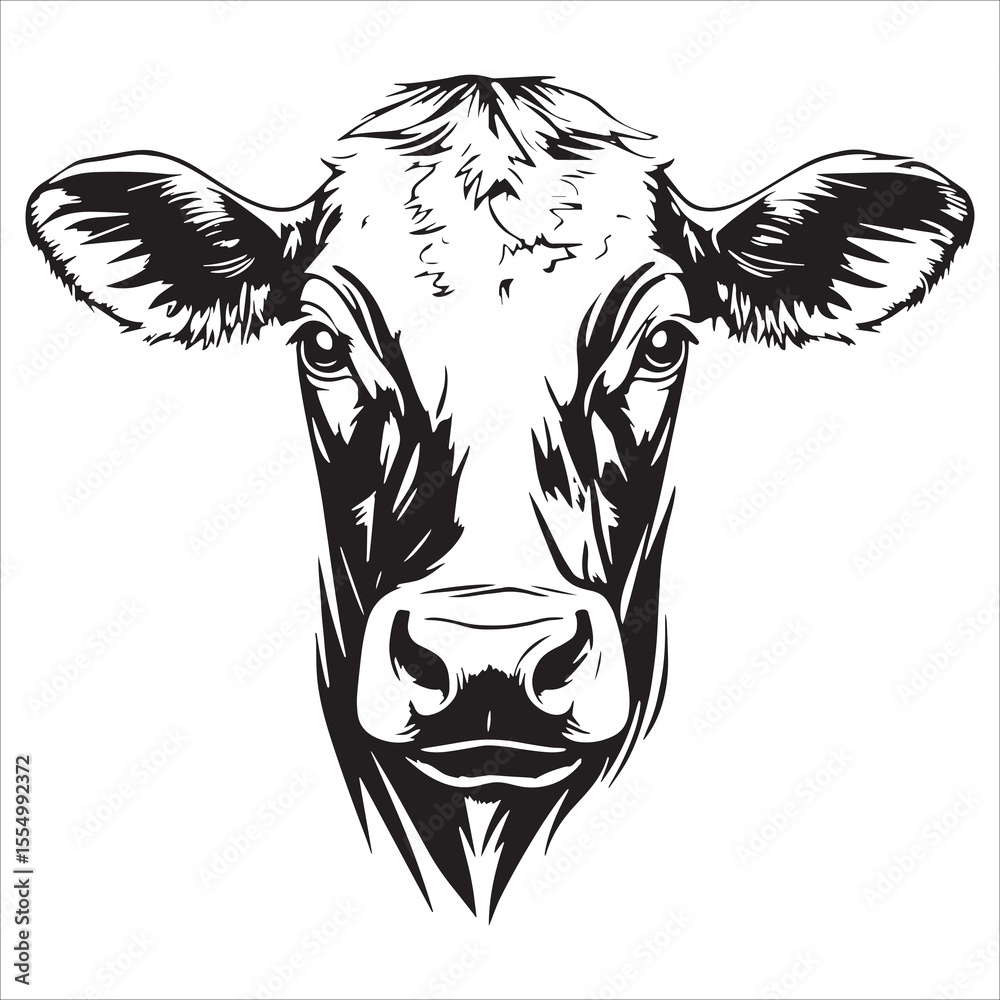 Obraz premium Cow Head Illustration – Detailed Black and White Vector Drawing