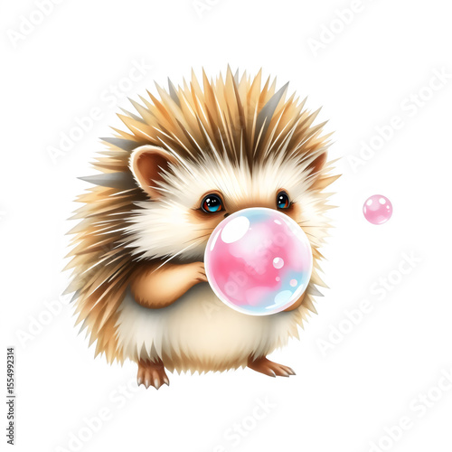 Adorable hedgehog blowing bubblegum.