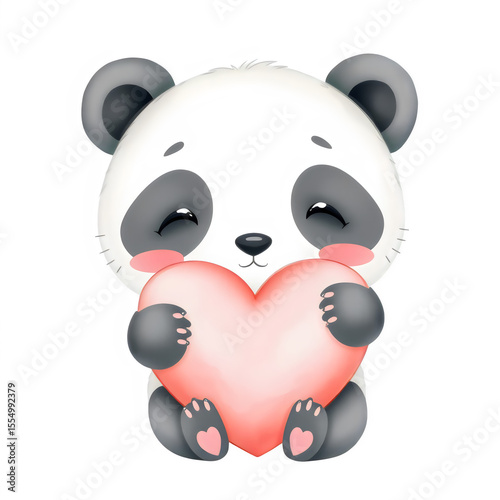 Playful panda hugging heart pillow watercolor.