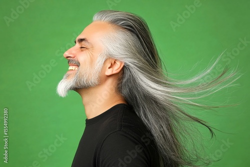 Chic men's rocker haircut - midlife middle eastern man with long hair. Green solid background. A confident and modern man embracing his look. Visual artwork of style for aging men.