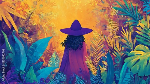 A person wearing a cloak and hat stands amid dense vegetation