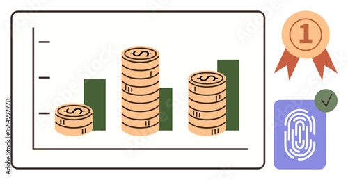 Stacked coins representing growth, bar graph for progress, award badge for success, fingerprint icon for data security, approval check. Ideal for finance, success, progress, analytics security