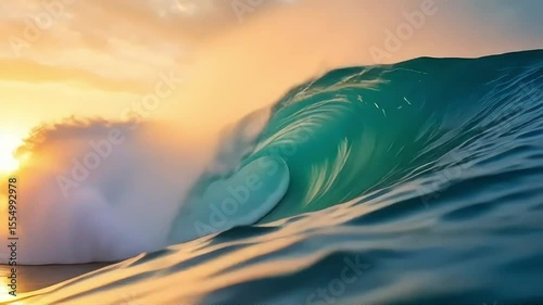 A powerful ocean wave curls against a bright sunset, showcasing nature's raw beauty and the dynamic force of the sea.