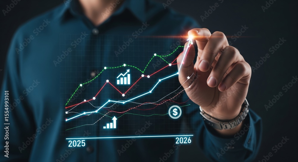 Fototapeta premium 2026 Financial Growth Forecast and Business Analytics Strategy Concept with Trendline and Data Icons