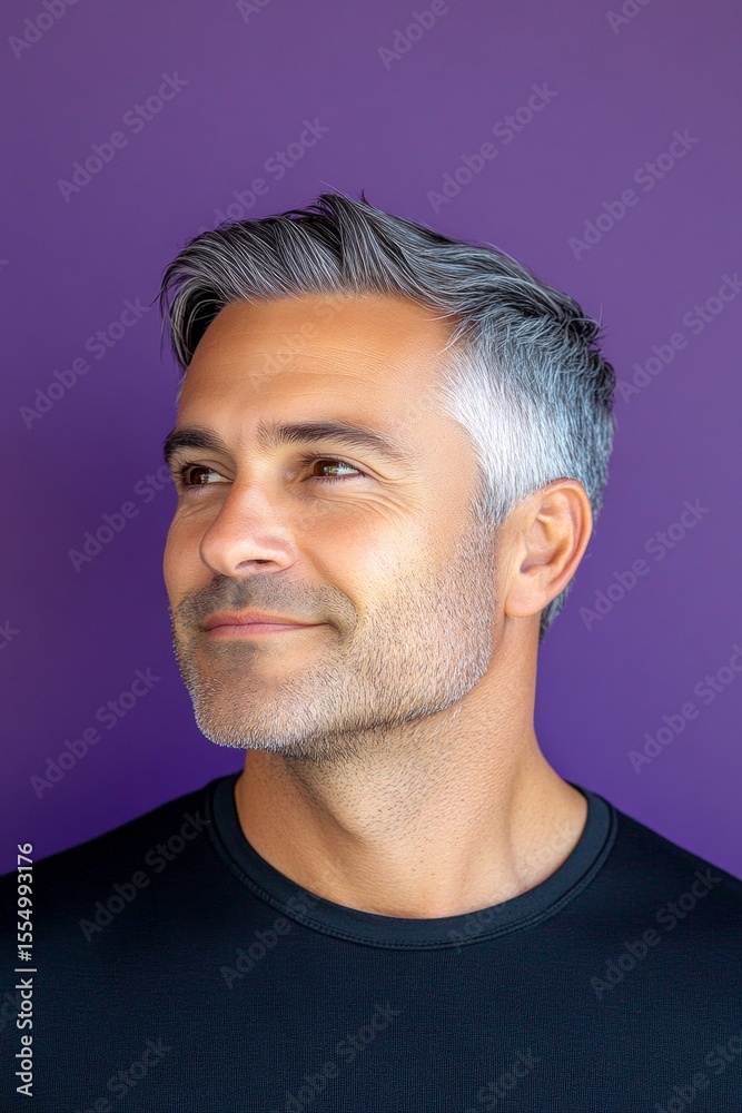 Obraz premium A glowing and peaceful man expressing warmth. Idea of style for aging men. Purple solid background. Fashionable men's shoulder-length taper haircut - midlife white man with grey hair.