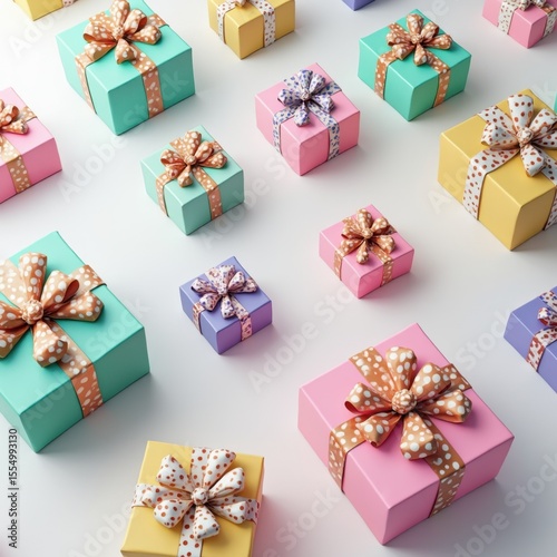 Colorful 3D rendered gift boxes seamless pattern with glossy finish and polka dot ribbons, bright festive design perfect for wrapping paper

