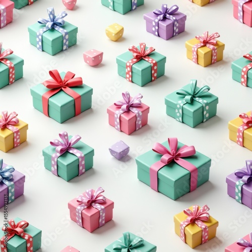 Colorful 3D rendered gift boxes seamless pattern with glossy finish and polka dot ribbons, bright festive design perfect for wrapping paper

