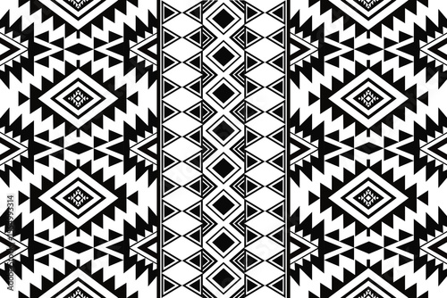 Ancient echoes Aztec geometric seamless patterns southwest Navajo Native American tribal ethnic black and white for textile printing	