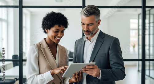Business Colleagues Examining Tablet in Modern Office Setting