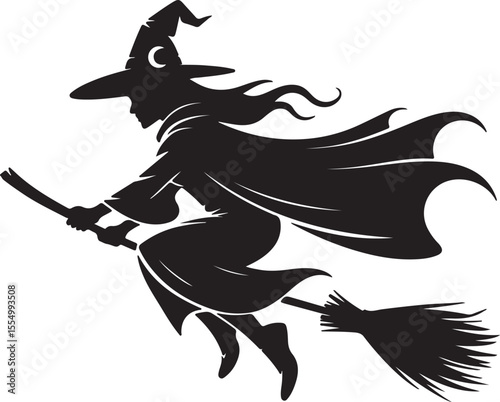 Silhouette of a Witch Flying on a Broomstick Halloween Illustration