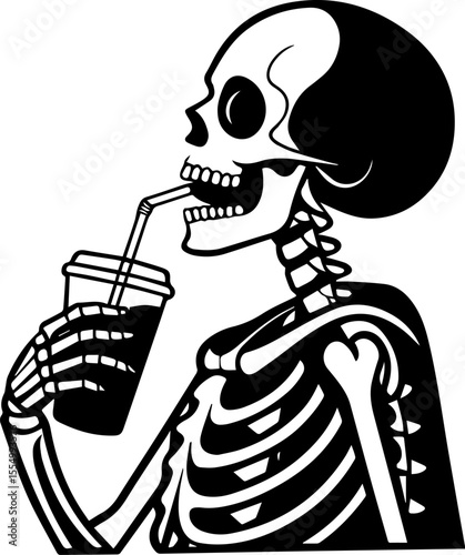 Skeleton Sipping Soda with a Straw in a Humorous and Minimalist Illustration Style