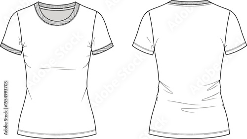 CAD drawing flat vector illustration of women’s slim fit round neck t-shirt, technical fashion sketch, front and back view, short sleeve apparel template