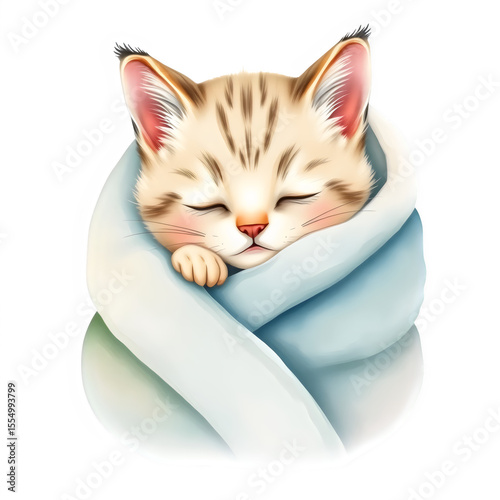 Sleepy baby cat wrapped in cozy blanket.