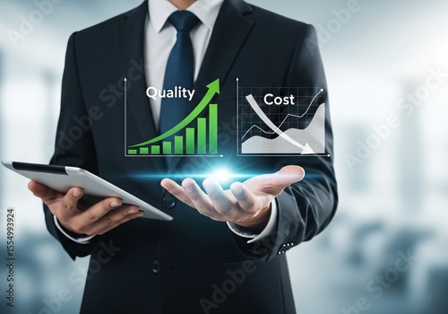 Businessman Showing Quality Improvement and Cost Reduction Chart in Hand