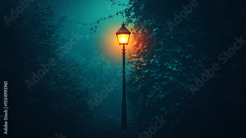Foggy night scenes with glowing streetlamp and lantern, moody deserted alley and mystical forest path illuminated in haze and twilight


