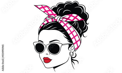 Stylish woman with curly black hair tied in a pink and white checkered bandana wearing sunglasses and red lipstick