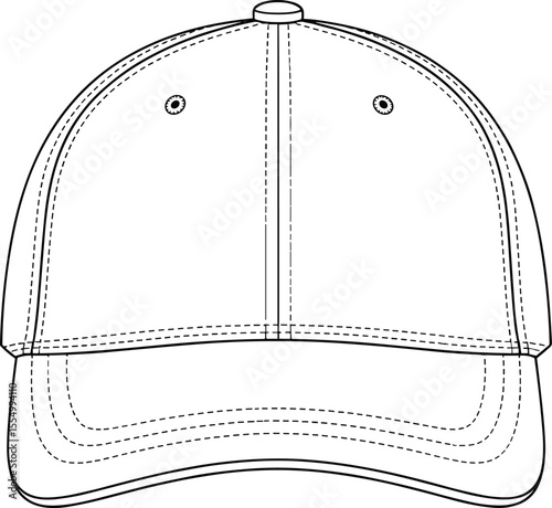 CAD drawing flat vector illustration of baseball cap front view, technical fashion sketch, adjustable visor hat template, modern headwear design for apparel mockup