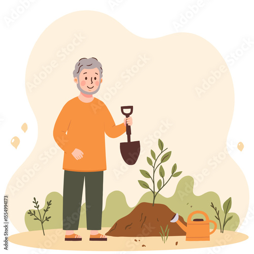 Elderly man planting tree. Retired senior gardening and planting sapling. Older man contributing to nature with tree. Green lifestyle for elderly through planting. Elderly set