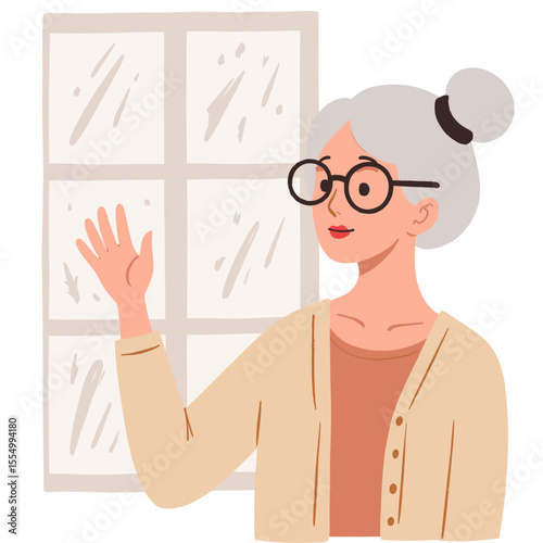 Elderly person near cold window. Lonely senior standing by frosty window. Retired woman looking out winter window. Aging and solitude in cold season indoors. Elderly set