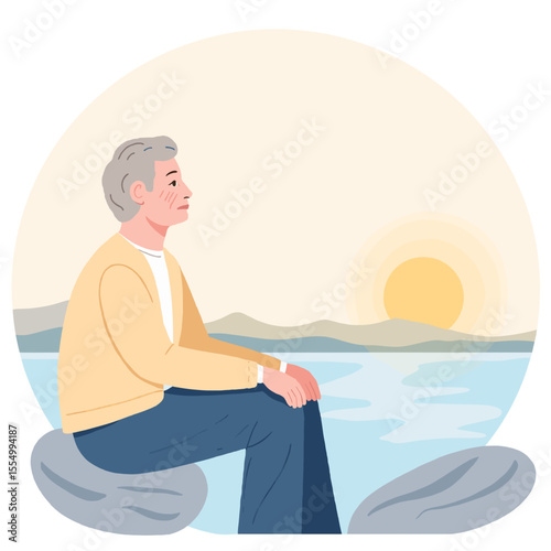 Elderly man meditating at sunrise. Senior practicing mindfulness outdoors. Peaceful meditation for older adult man. Retired man doing yoga at sunrise. Elderly set