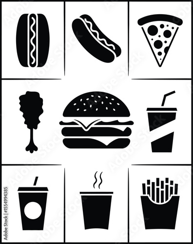 Fast food silhouette vector illustration set white background.