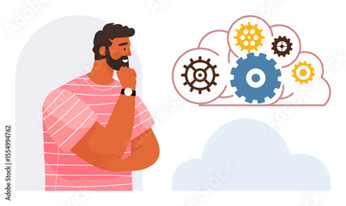 Thoughtful man observing interconnected gears inside a cloud shape symbolizing creativity, technology, and process thinking. Ideal for innovation, technology, brainstorming, cloud computing