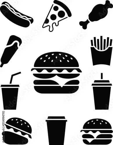 Fast food silhouette vector illustration set white background.