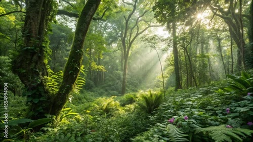 Morning sunlight shining through green trees on a forest path  4k horizental cenematic video footage