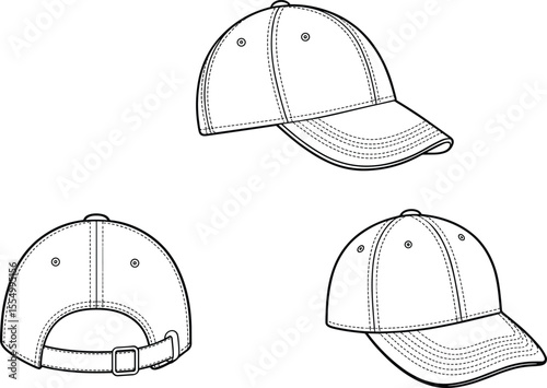 CAD drawing flat vector illustration of baseball cap design with front, back, and side views, adjustable strap, panel stitching, fashion accessory template sketch