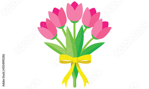 A vibrant bouquet of six stylized pink tulips tied with a bright yellow ribbon and green leaves presented against a clean white background perfect for spring celebrations