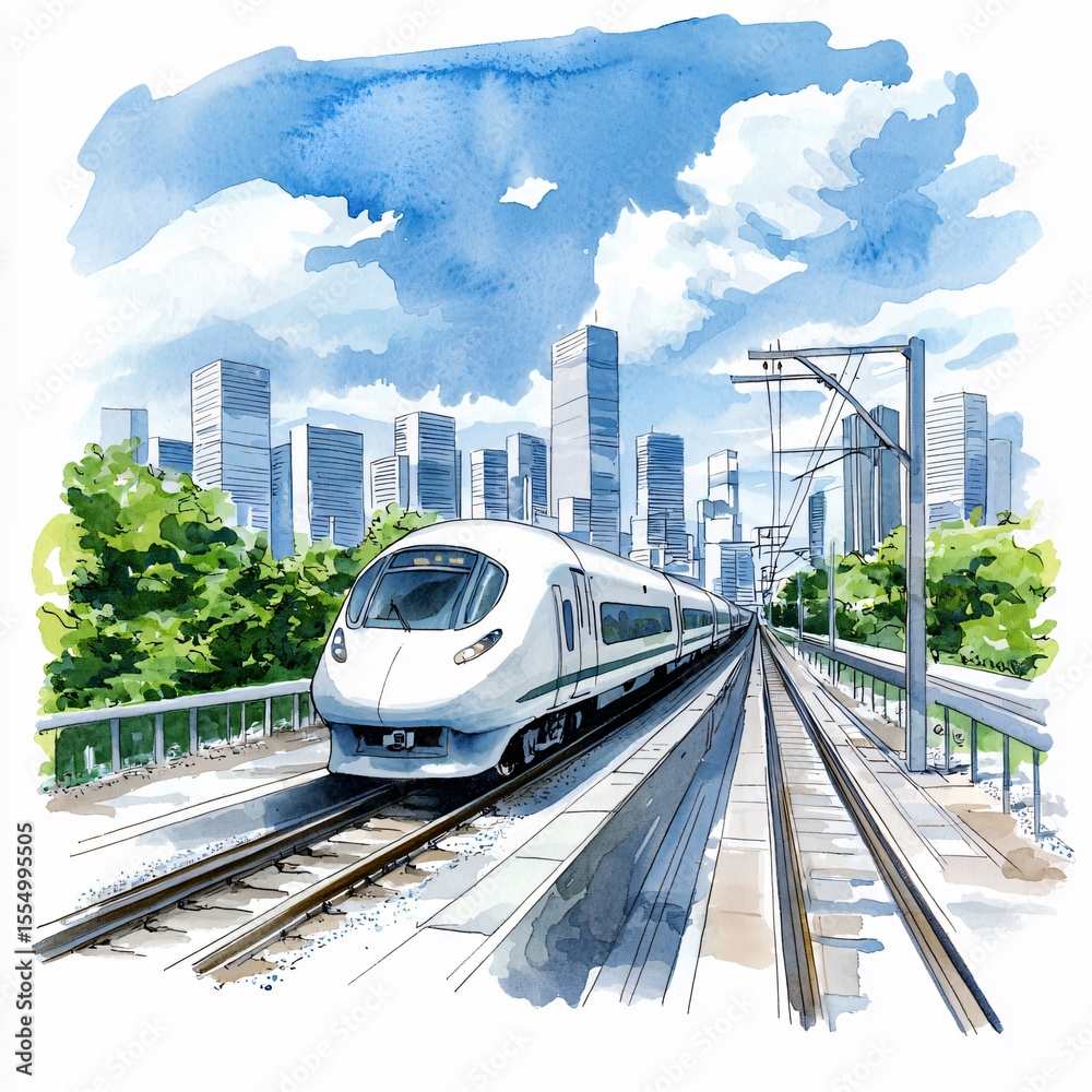 Naklejka premium High-speed train journey through urban landscape city skyline digital artwork bright day elevated perspective modern transportation concept for seo impact