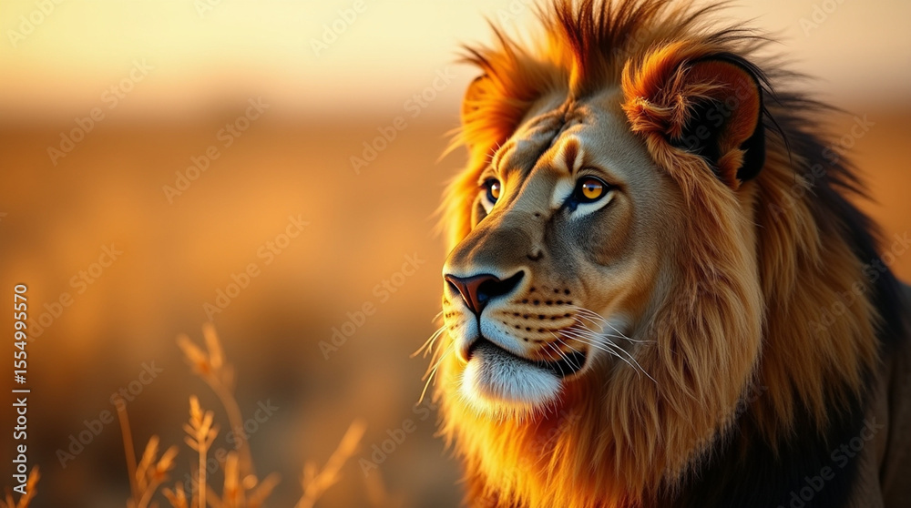Naklejka premium Golden-Maned Lion Portrait at Sunset with Sharp Amber Eyes