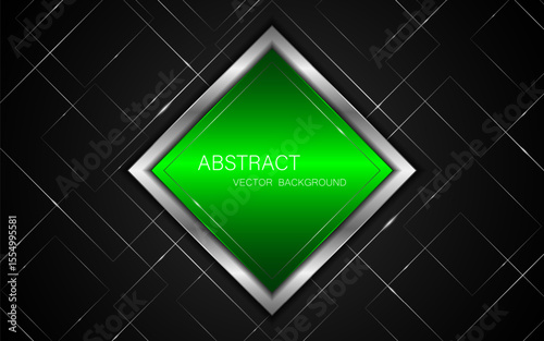 Abstract green and silver square shape with elegant silver lines on black background.	