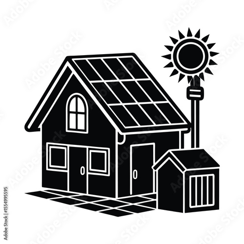 House with solar panels and energy meter silhouette illustration