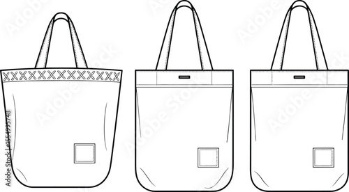 CAD drawing flat vector illustration of fabric tote bags, front and side views, detailed stitching pattern, technical sketch for fashion, accessory, product design