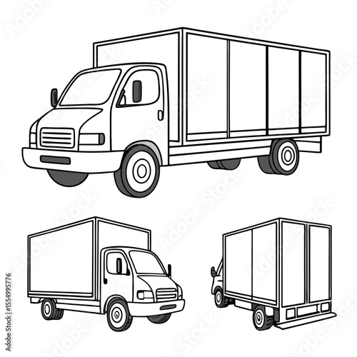 Delivery Truck Icon Set – Outline Cargo Vehicle Vector Illustrations for Logistics