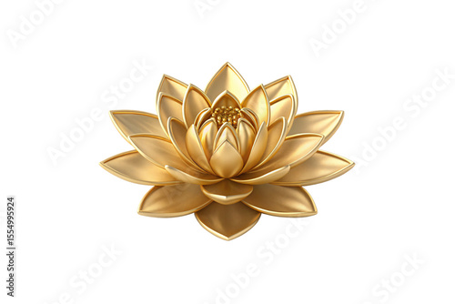 Beautiful golden lotus blossom with detailed center stamens and symmetrical petal formation, isolated on a transparent background