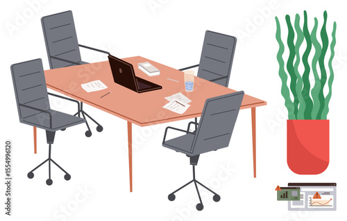 Four office chairs around a table with a laptop, papers, and a glass of water. Red potted plant beside presentation slides. Ideal for workspace, collaboration, productivity, teamwork, planning