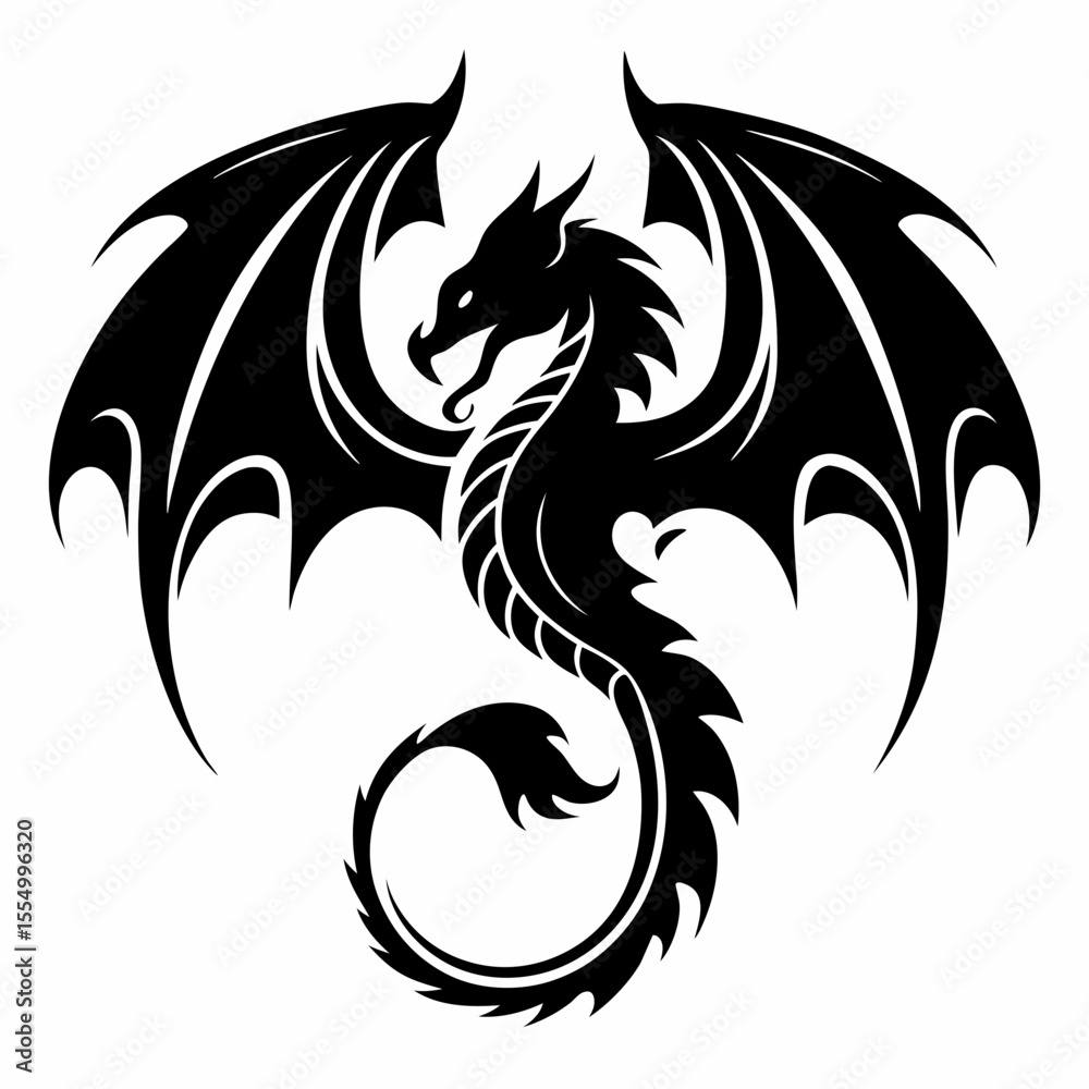 Fototapeta premium Black and white tribal dragon tattoo vector with animal and mythical design elements