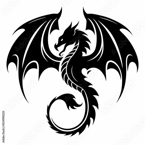 Black and white tribal dragon tattoo vector with animal and mythical design elements
