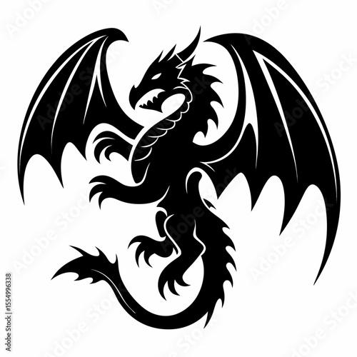Black and white dragon head tattoo in tribal fantasy style with mythological and medieval elements