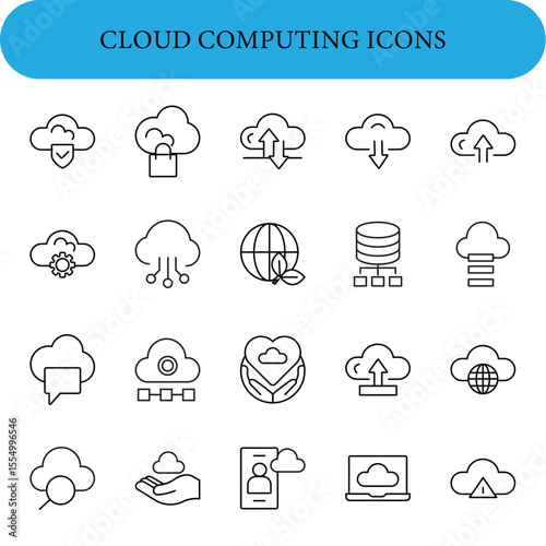 A collection of black and white cloud computing icons displayed in a grid.