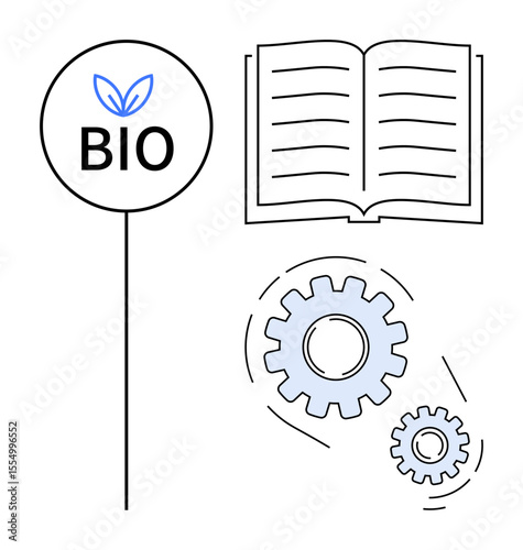 Open book, gear wheels in motion, and bio sign with leaf symbol. Ideal for education, sustainability, innovation, learning process, bioengineering green technology eco-design. Simple flat metaphor