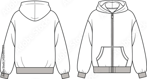 CAD drawing flat vector illustration of front and back view zip-up hoodie with kangaroo pocket, ribbed cuffs and waistband, fashion technical sketch template