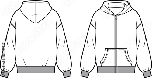 CAD drawing flat vector illustration of front and back view zip-up hoodie with kangaroo pocket, casual fashion template, technical garment sketch for apparel design