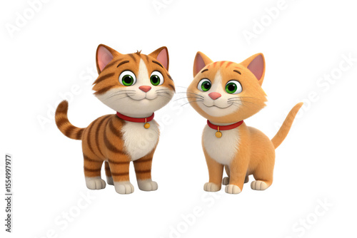 Two cute 3D cartoon cats with green eyes and red collars, tabby and orange patterns, isolated on a transparent background