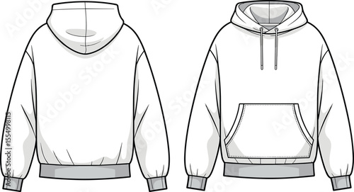 CAD drawing flat vector illustration of front and back hoodie design, detailed fashion sketch with kangaroo pocket, ribbed hem, color block details, drawstring hood