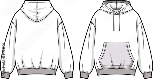 CAD drawing flat vector illustration of pullover hoodie front and back view, unisex oversized sweatshirt with kangaroo pocket, ribbed cuffs and hem detailing
