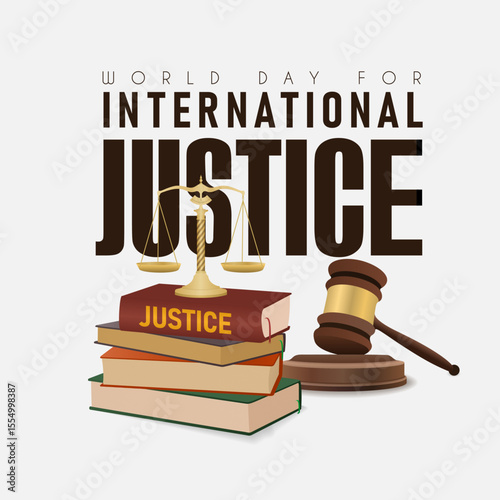 World Day for International Justice poster with stacks of books, hammer judge and scales justice